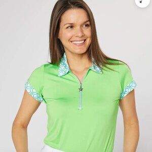 Swing Out Sister  Shortsleeve Golf Shirt - Green and Blue Alice Pattern